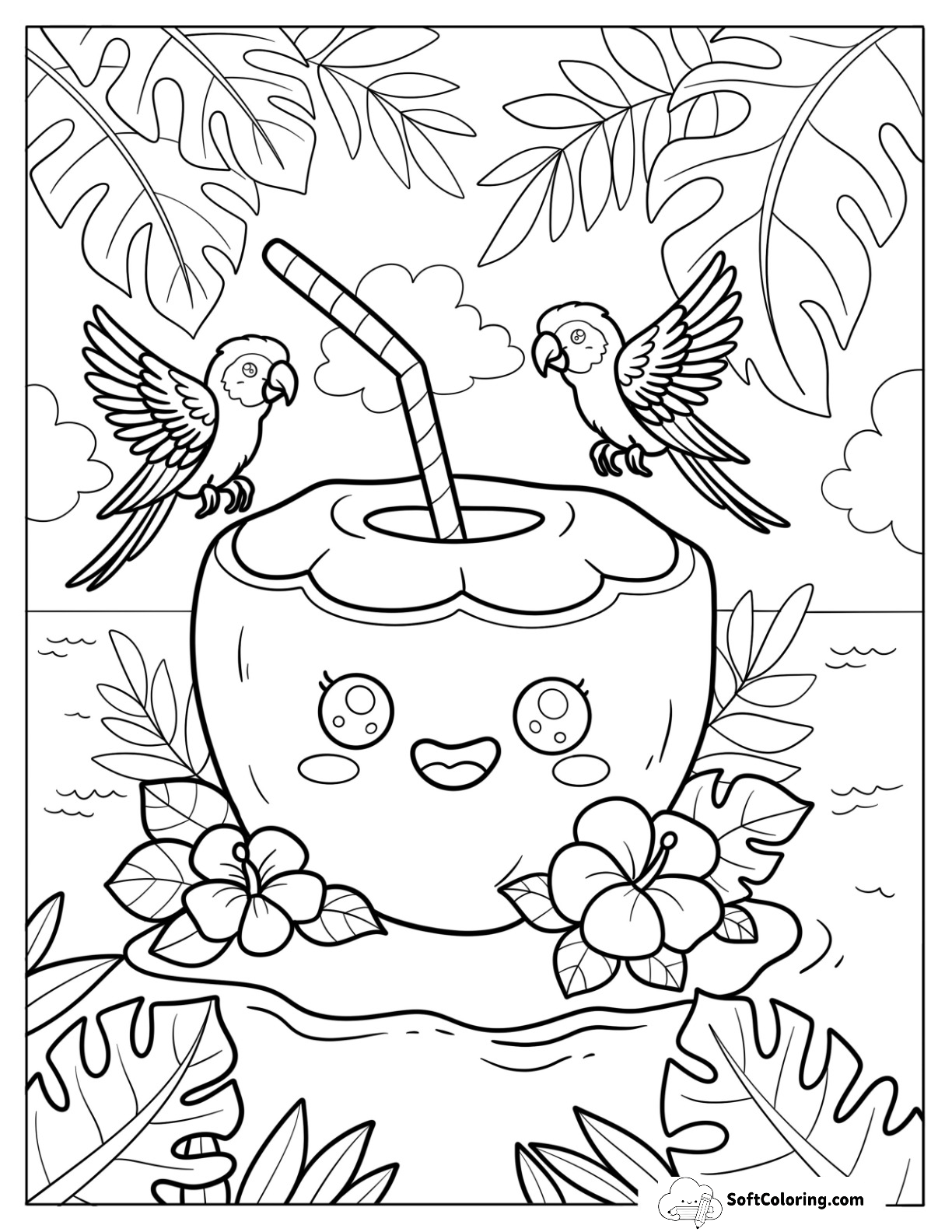Kawaii Coconut Beverage On Island With Flowers And Flying Parrots