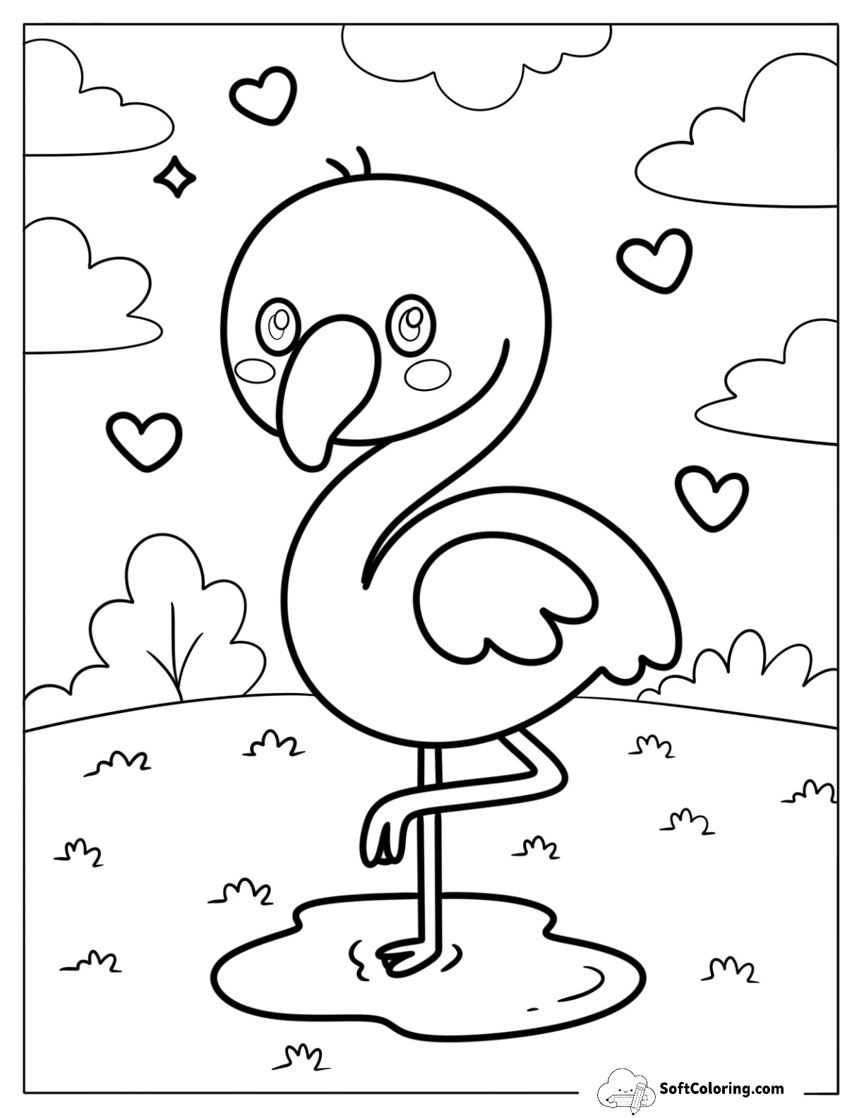 Kawaii Flamingo Standing On One Leg In Nature