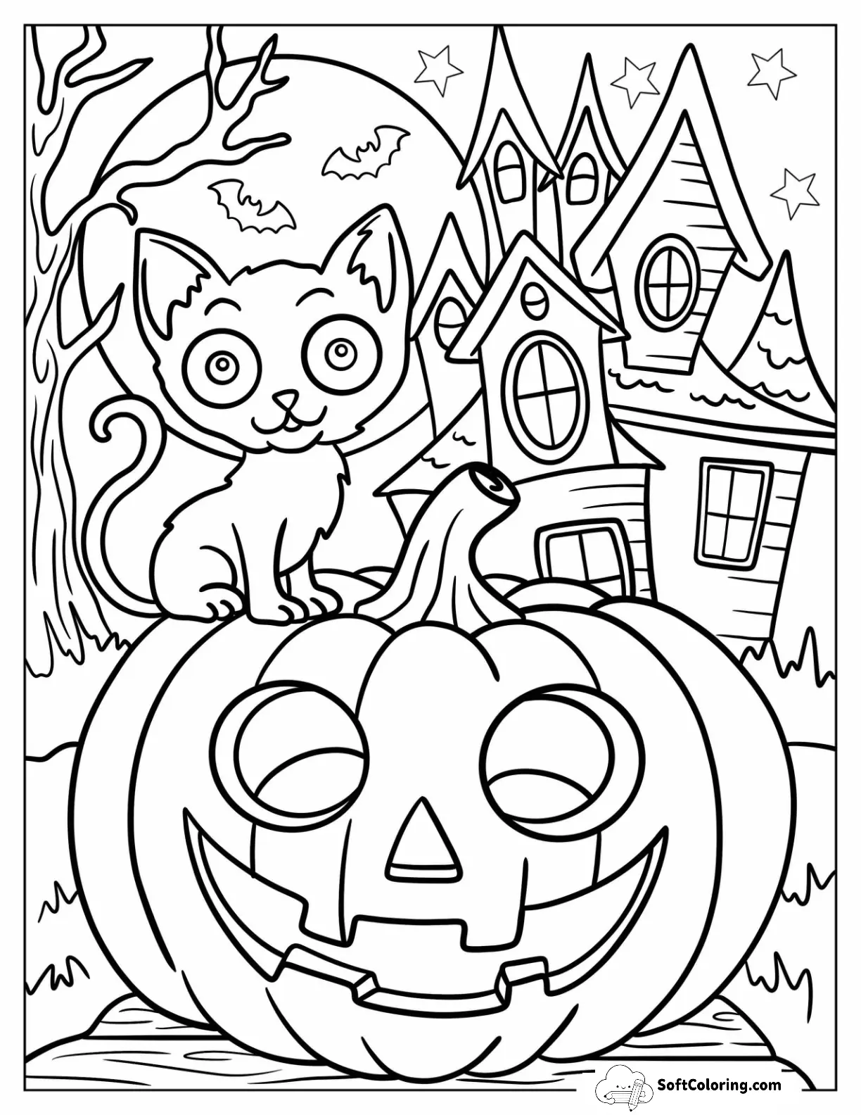 Kawaii Kitten Jack-O-Lantern In Front Of Haunted House