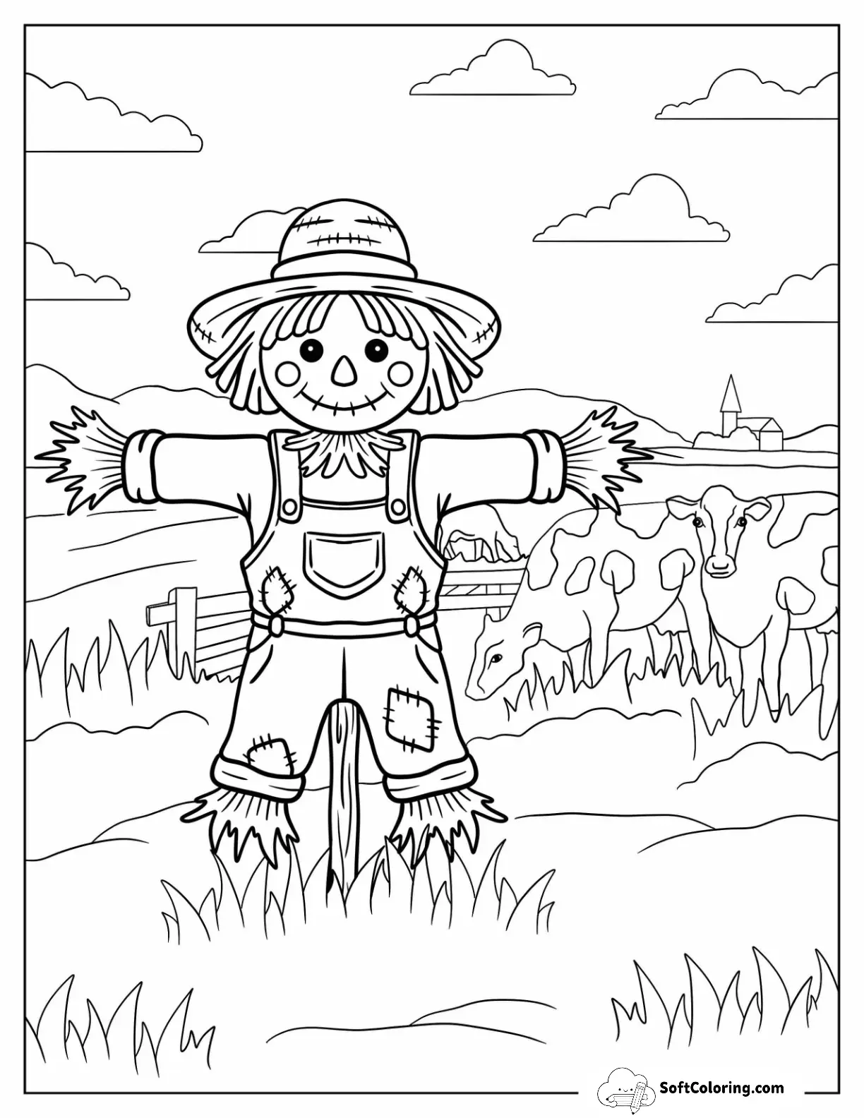 Kawaii Little Scarecrow Coloring Page On A Farm Field For Kids