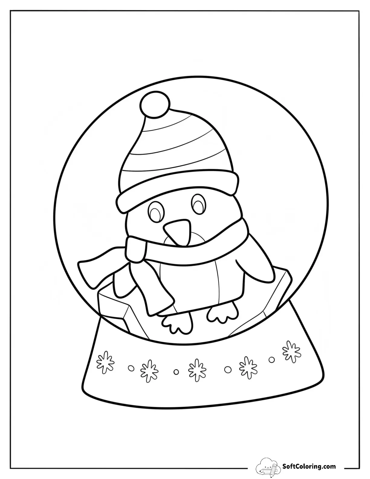 Kawaii Penguin Inside A Snow Globe Coloring Page For Preschoolers