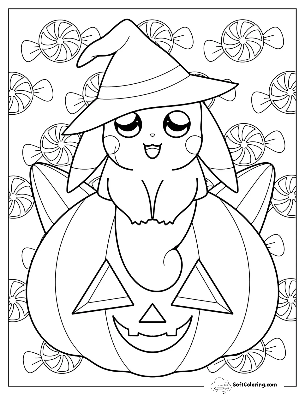 Halloween Pikachu In Witch S Hat Sitting On A Jack O Lantern
