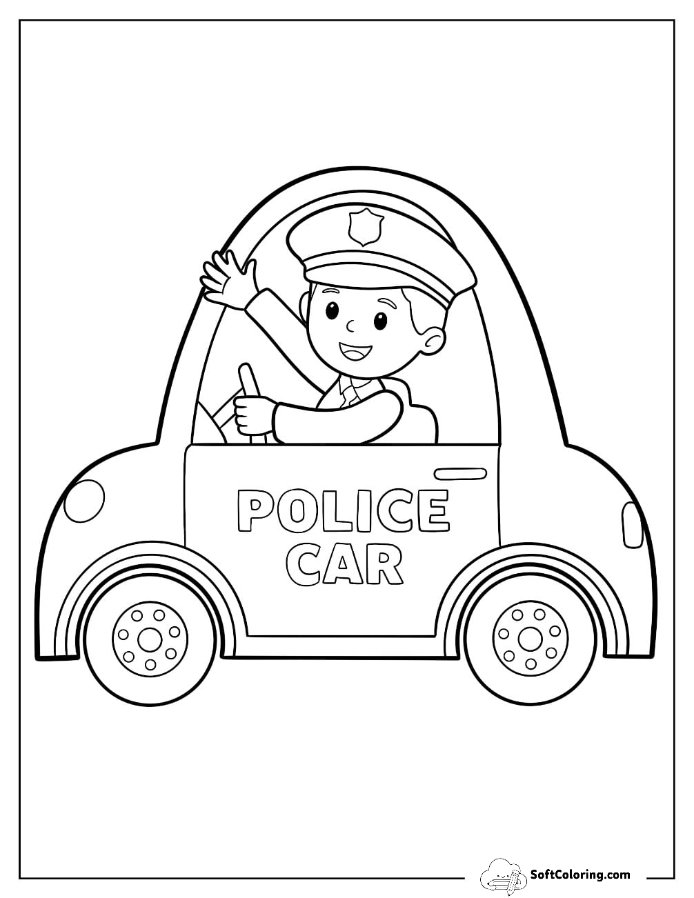 Kawaii Police Car Coloring Page With An Officer Inside Waving For Preschoolers