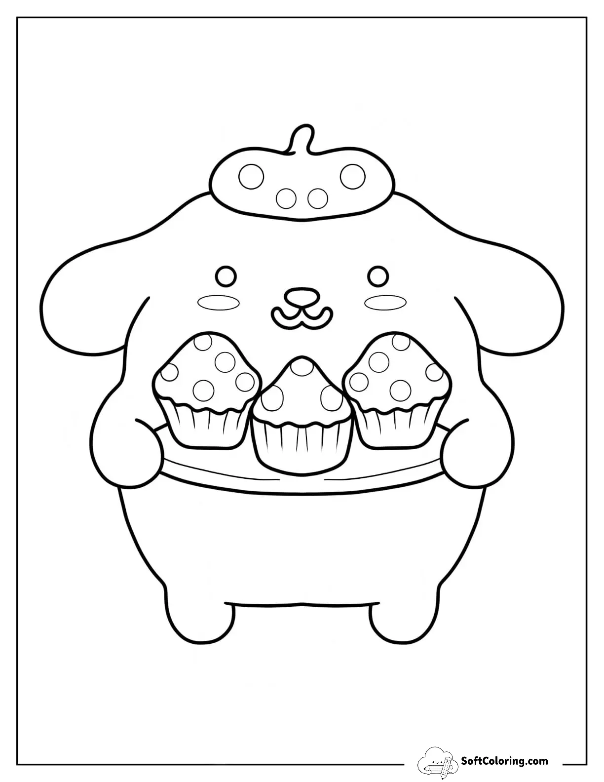Kawaii Pompompurin Serving Cupcakes Coloring Page