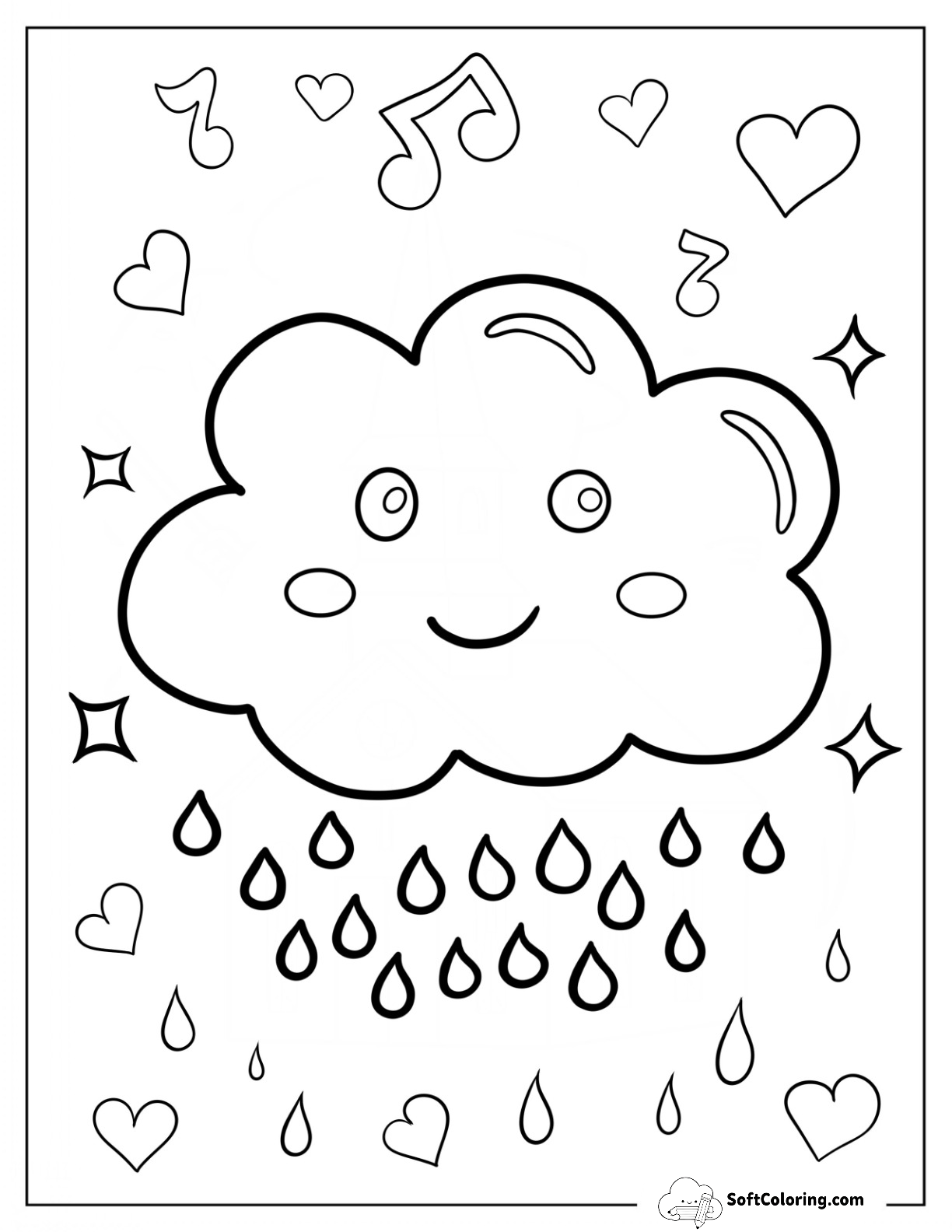 Kawaii Raindrops Falling From Cloud For Preschoolers