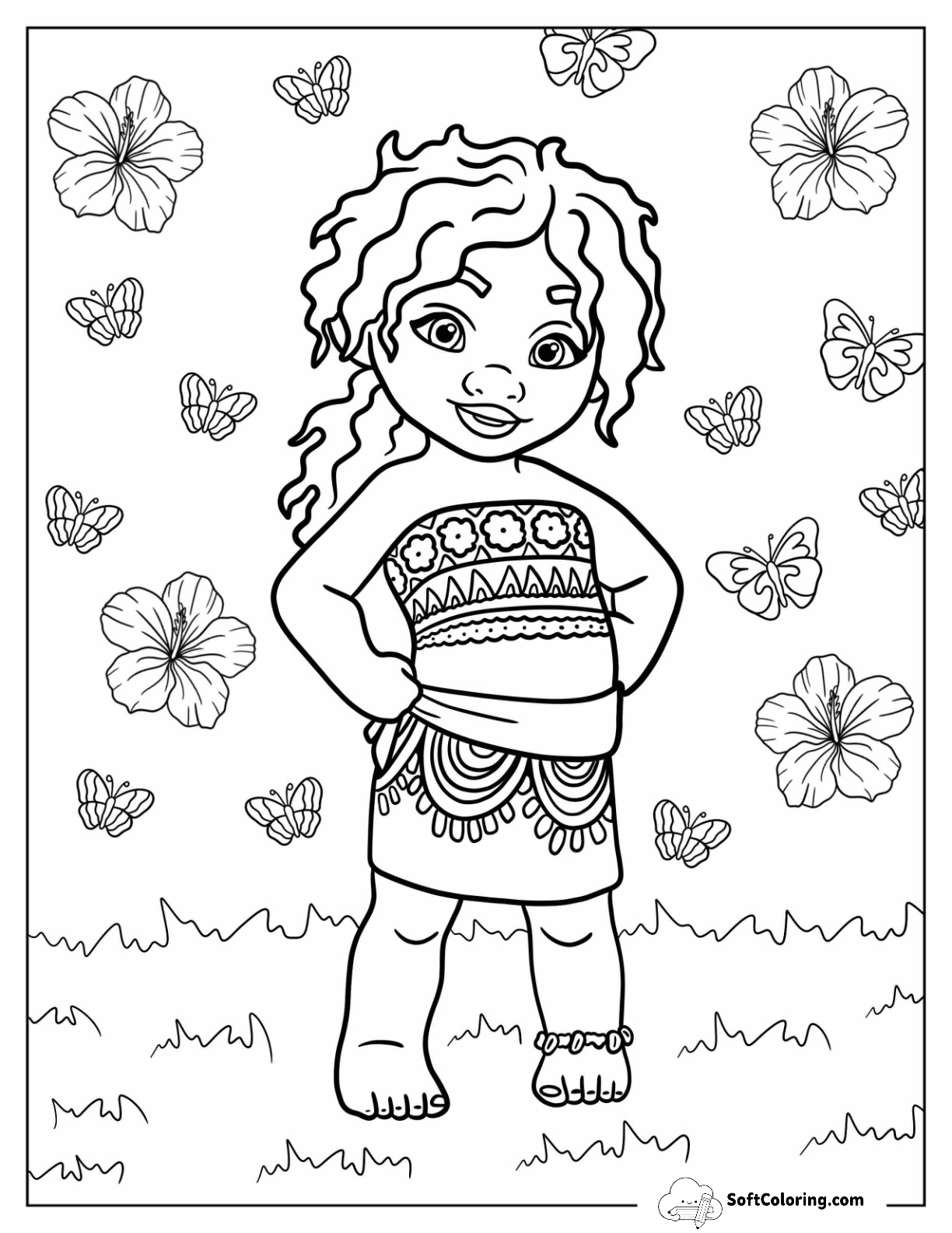 Moana Coloring Page Of Kawaii Simea With Flowers And Butterflies