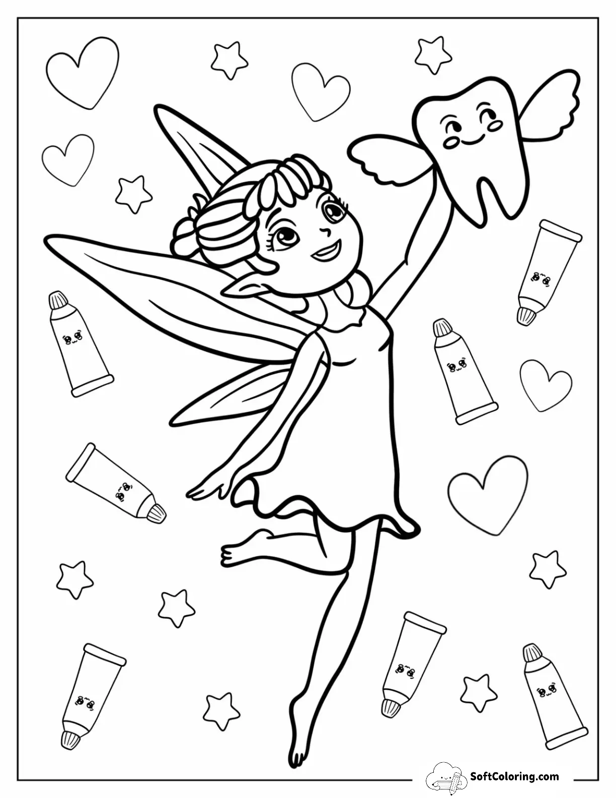 Kawaii Tooth Fairy Coloring Page Holding A Tooth