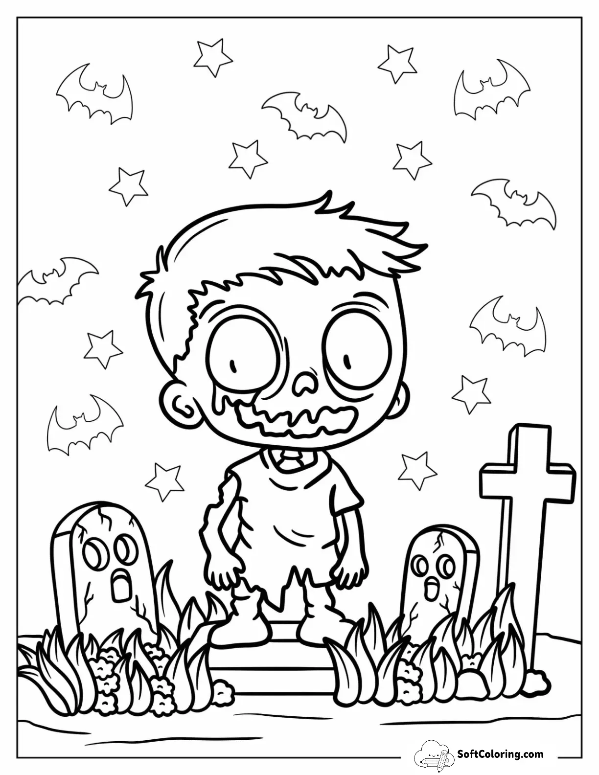Kawaii Zombie Coloring Page Of Boy In The Graveyard For Kids