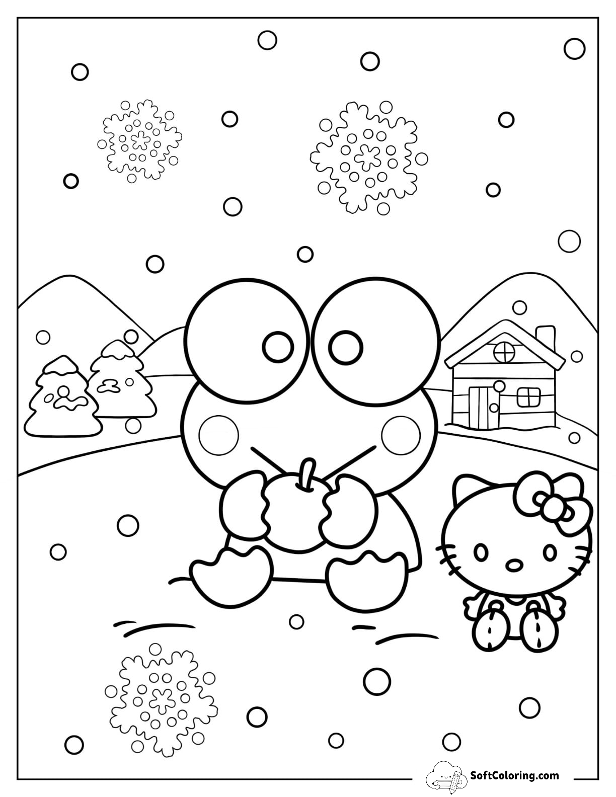 Keroppi Coloring Page Of Eating Apple With Hello Kitty