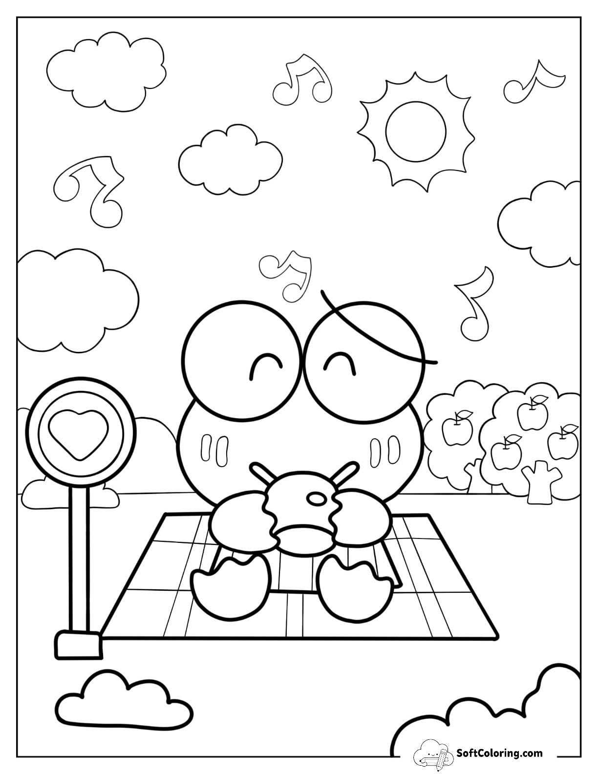 Keroppi Coloring Page Enjoying Tea Outdoors