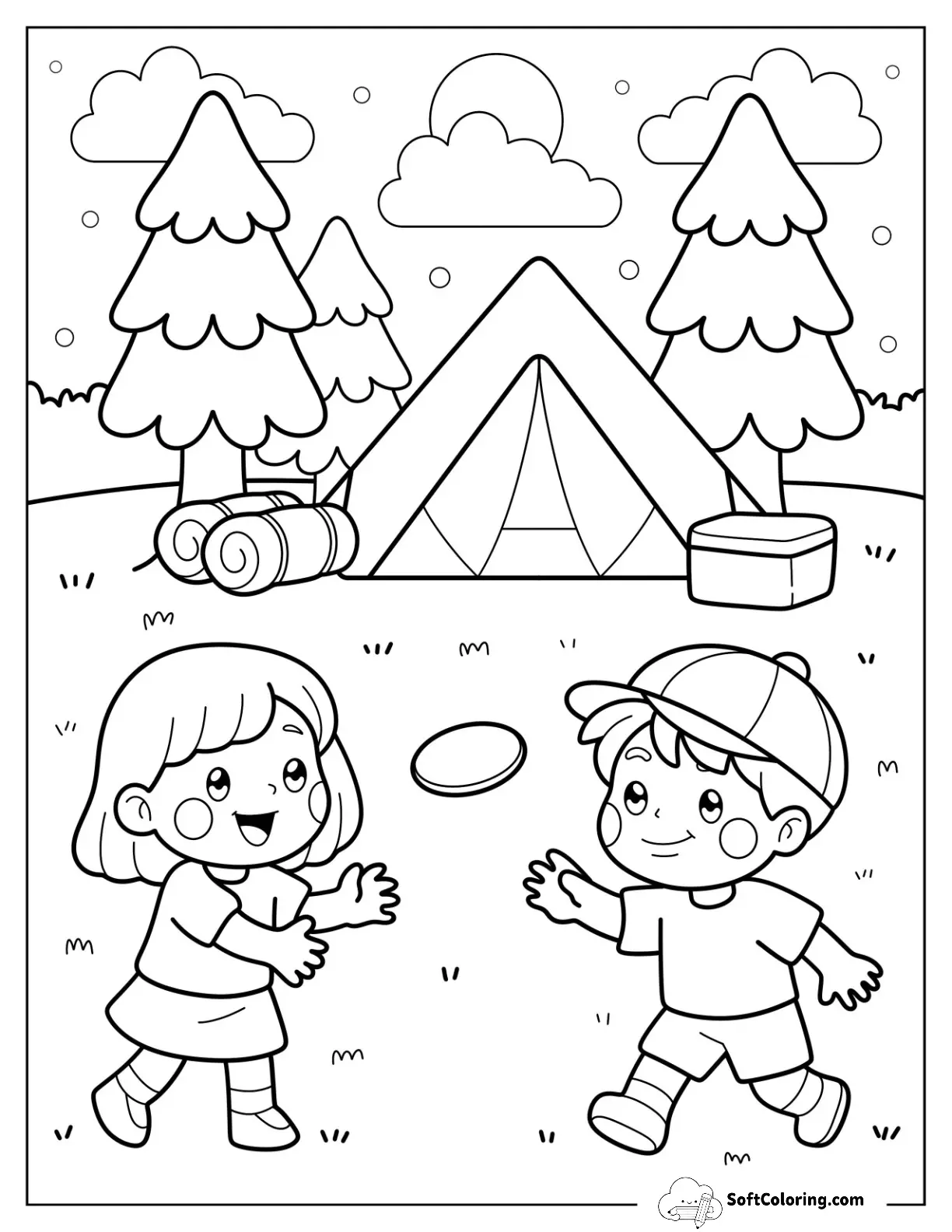 Kids Playing Frisbee With Tent And Trees For Preschoolers
