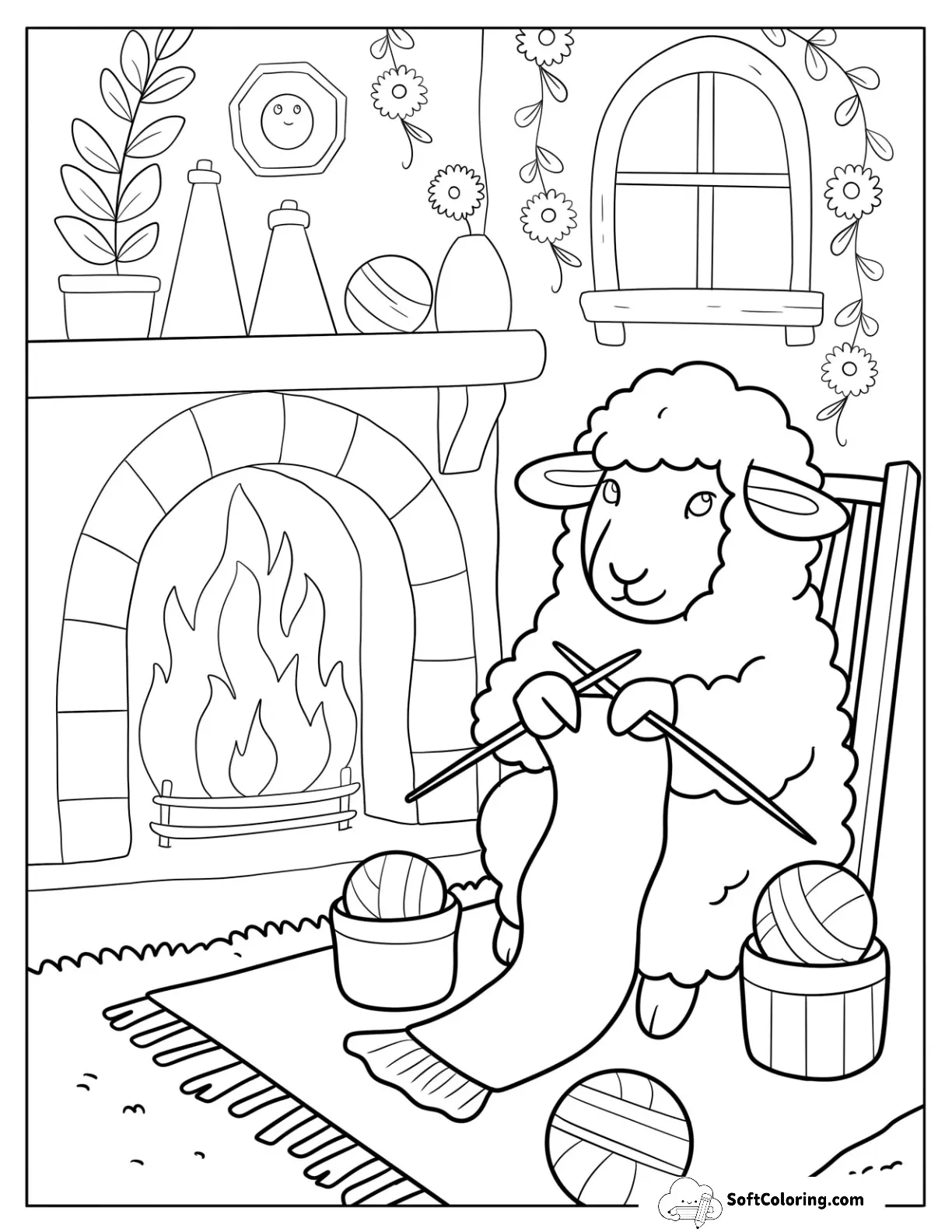 Knitting Sheep Sitting By A Roaring Fire For Kids