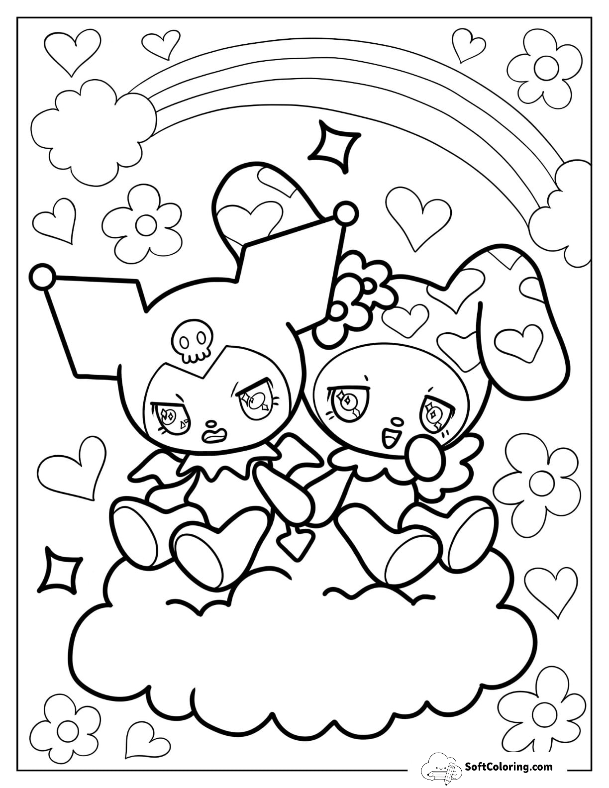 Sanrio Coloring Pages Of Kuromi And My Melody Holding Hands On Cloud