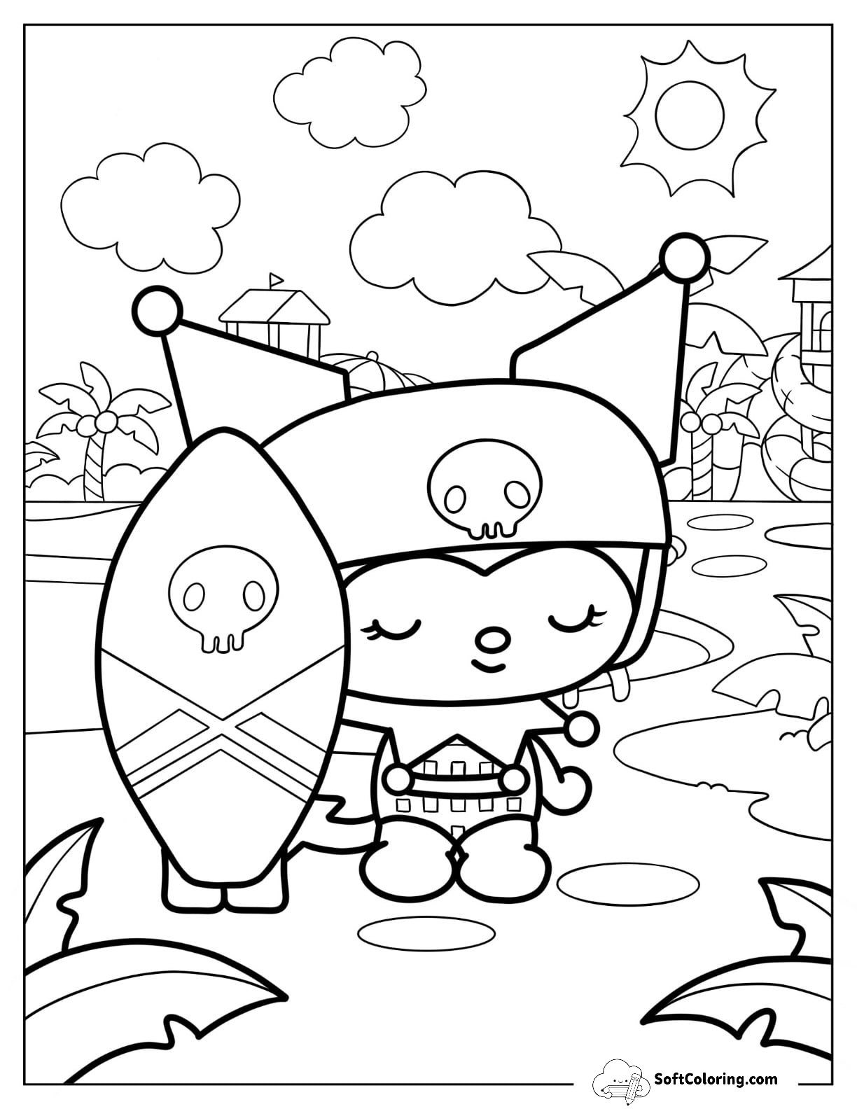 Sanrio Coloring Pages Of Kuromi Holding Surfboard