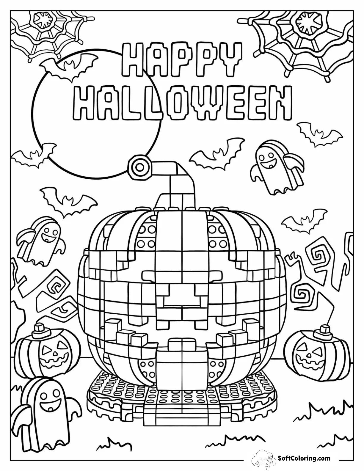 Lego Jack-O-Lantern Coloring Page With Ghosts And Bats