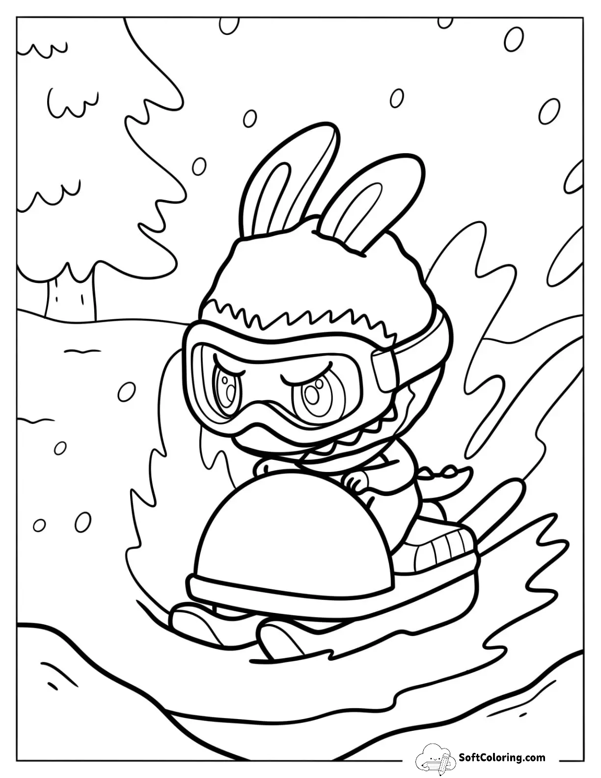Labubu Coloring Page Driving A Snowmobile For Kids