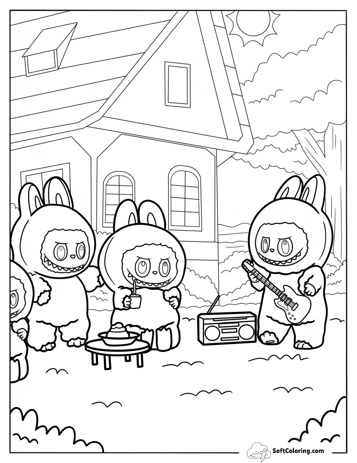 Labubu Coloring Page Elves Lounging In The Garden With Food And Music