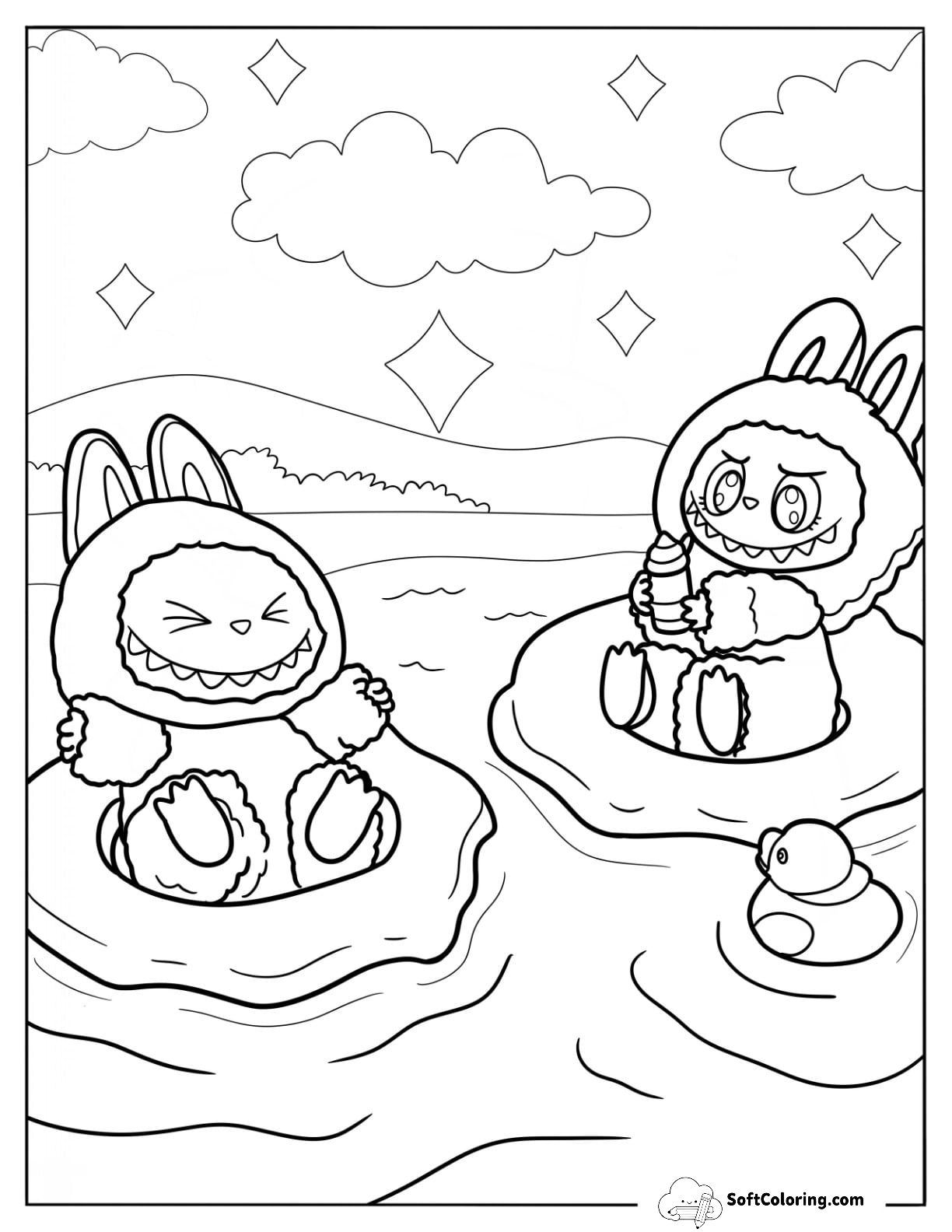 Labubu Coloring Page Sitting On Floaties In The Ocean