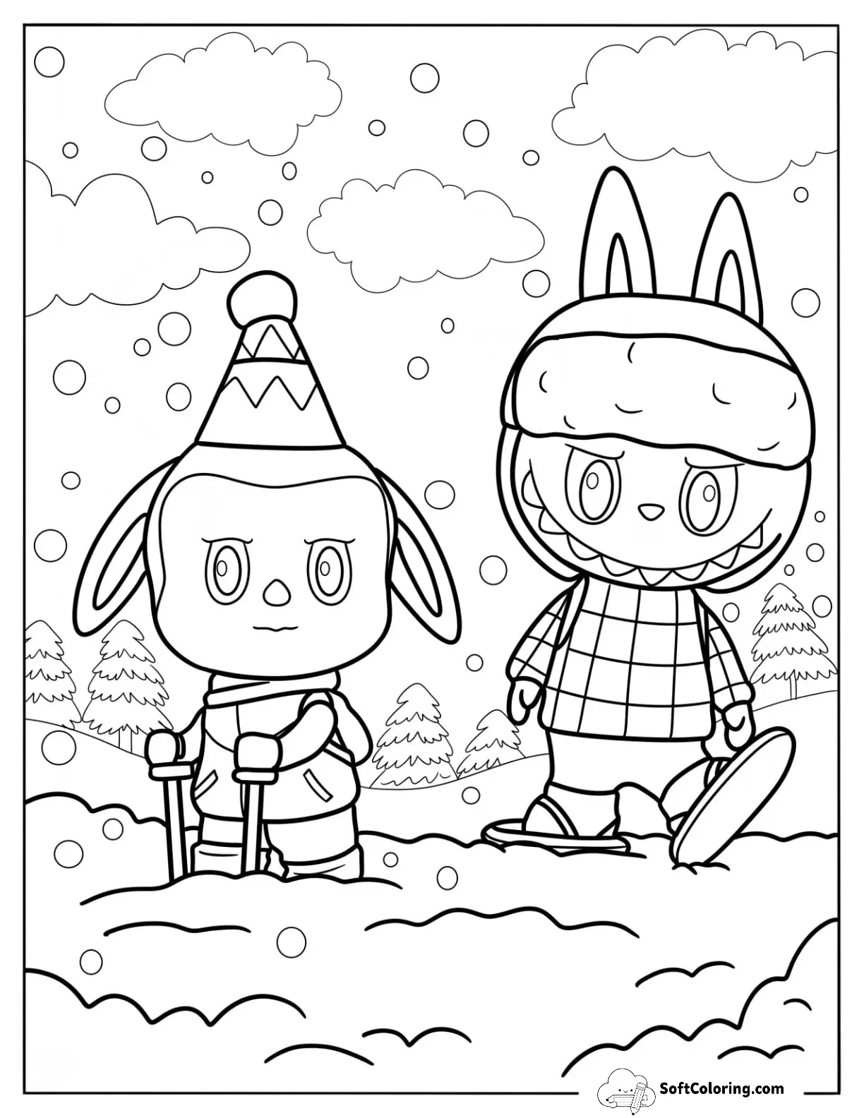Labubu Coloring Page Skiing