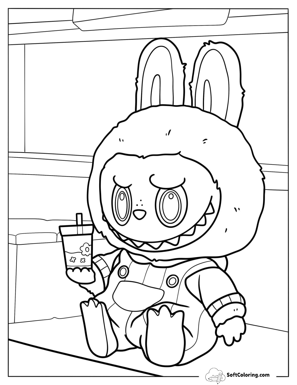Labubu Coloring Page Zimomo Holding A Drink For Kids