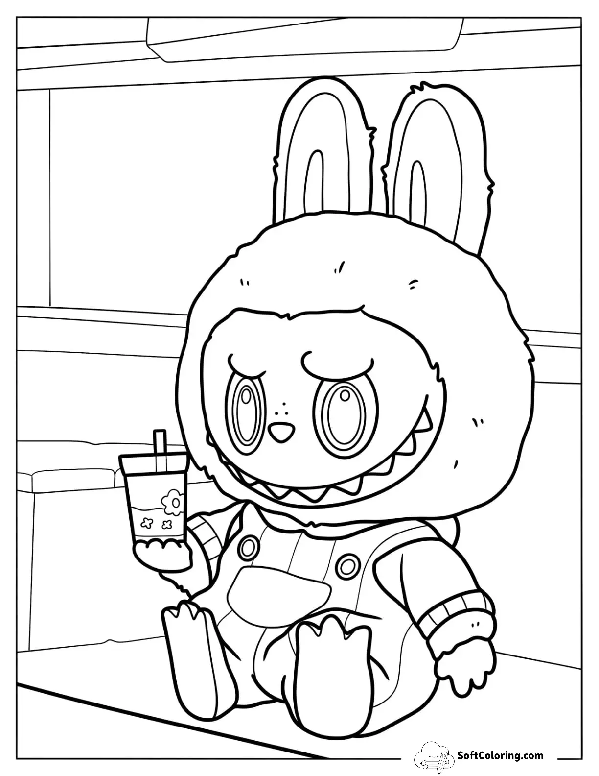 Labubu Coloring Page Zimomo Holding A Drink For Kids