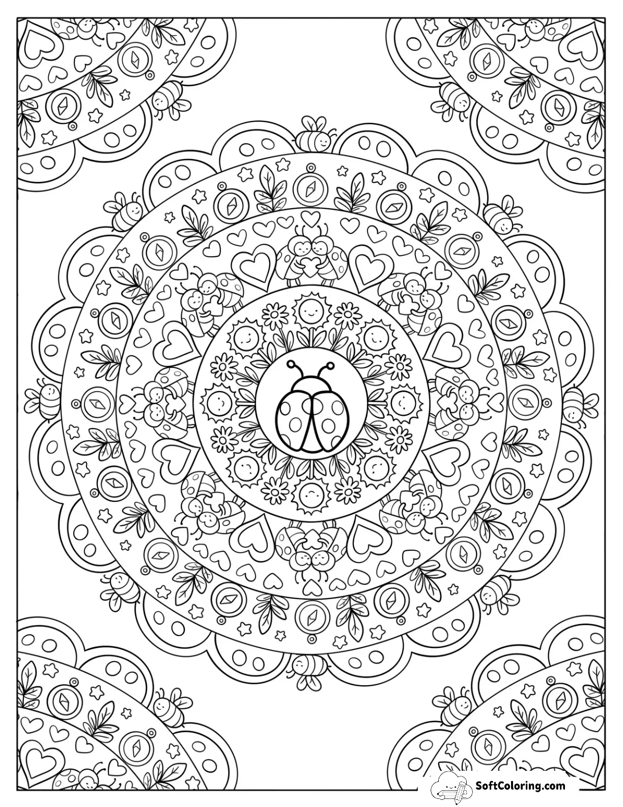 Ladybug Floral Mandala Coloring Page