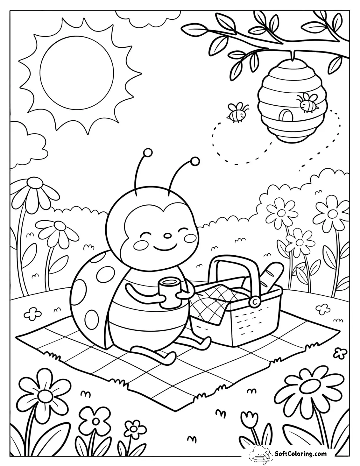 Ladybug Having A Picnic In A Flower Garden