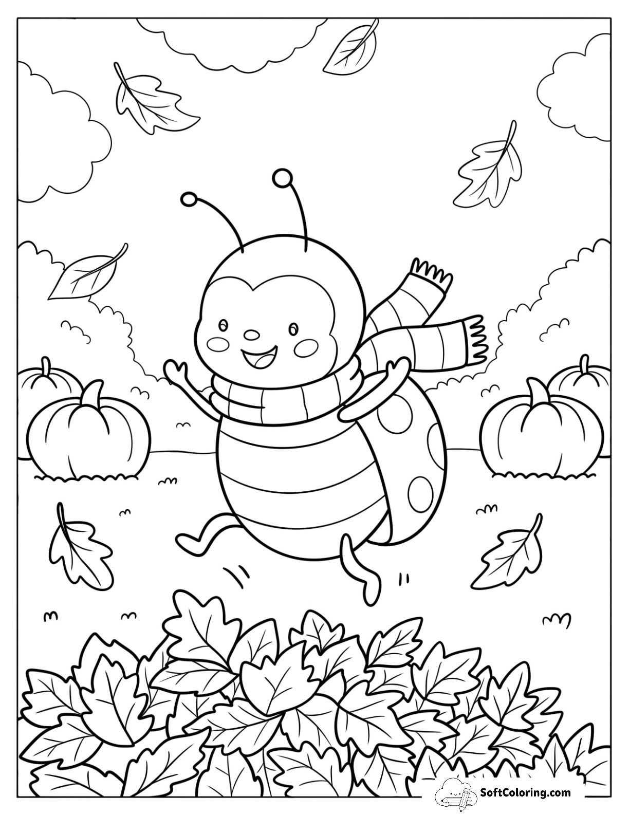 Ladybug Jumping Into Autumn Leaves Coloring Page For Kids