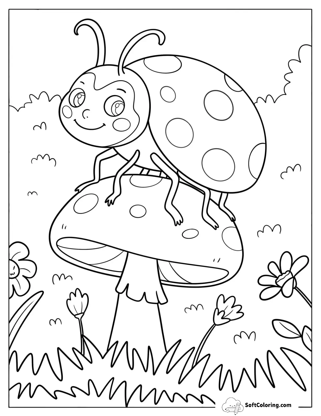 Ladybug Sitting On A Mushroom In The Garden