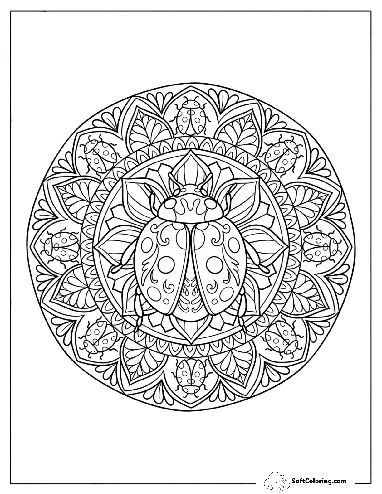 Ladybug With Leaf And Flower Mandala Design