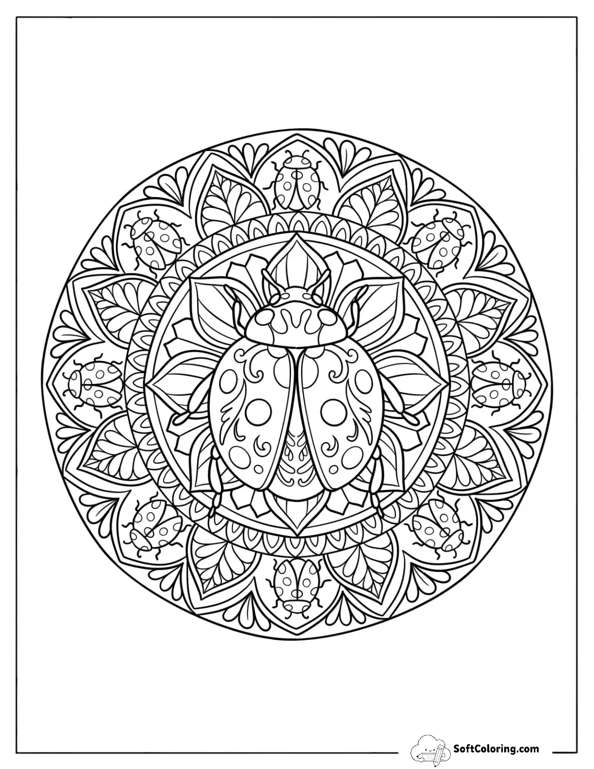 Ladybug With Leaf And Flower Mandala Design