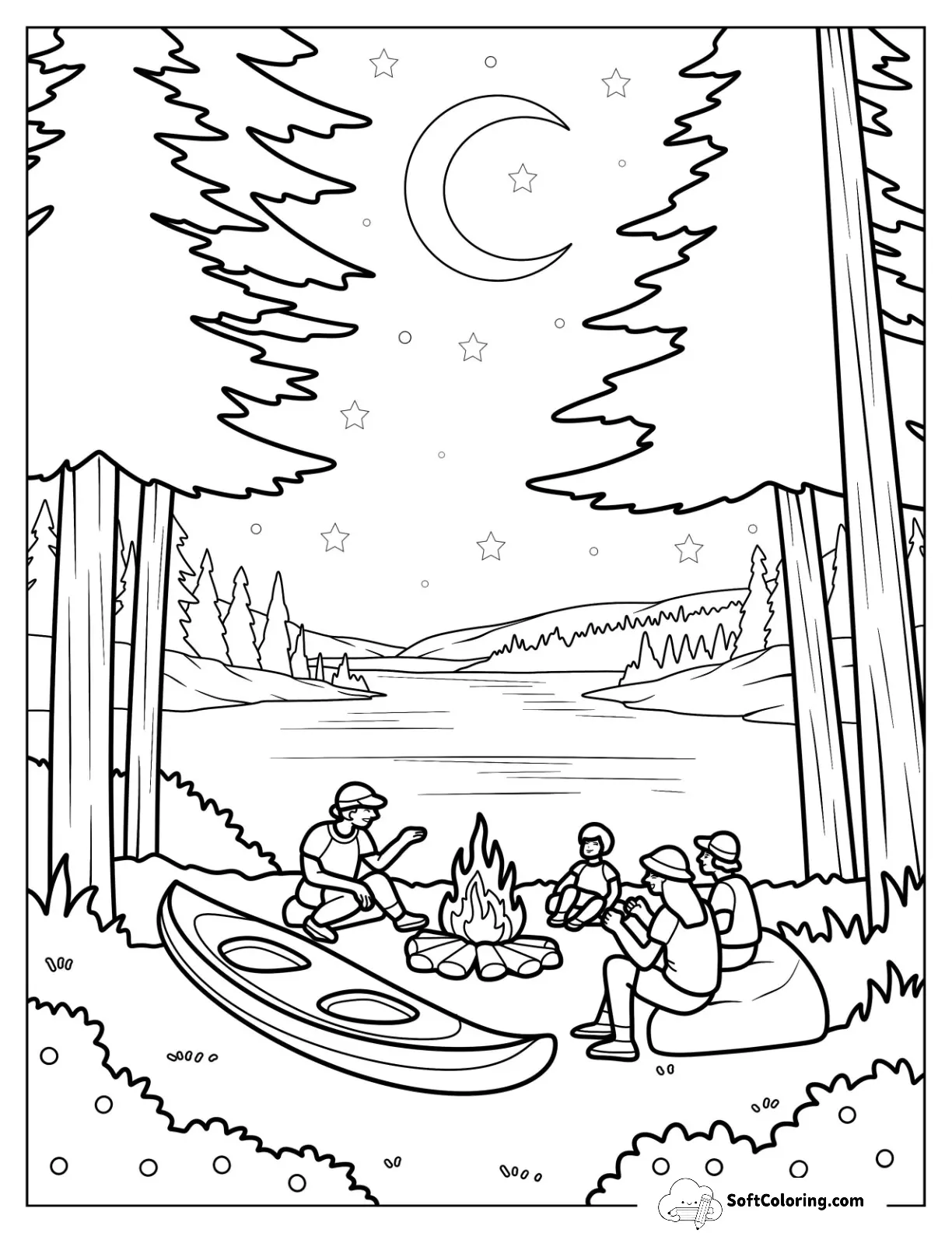 Lakefront Camping & Hiking At Night With Canoe And Cozy Firelight