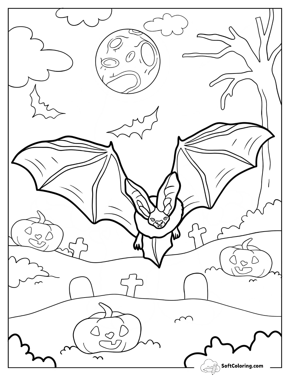Large Bat Flying Over Tombstones Halloween
