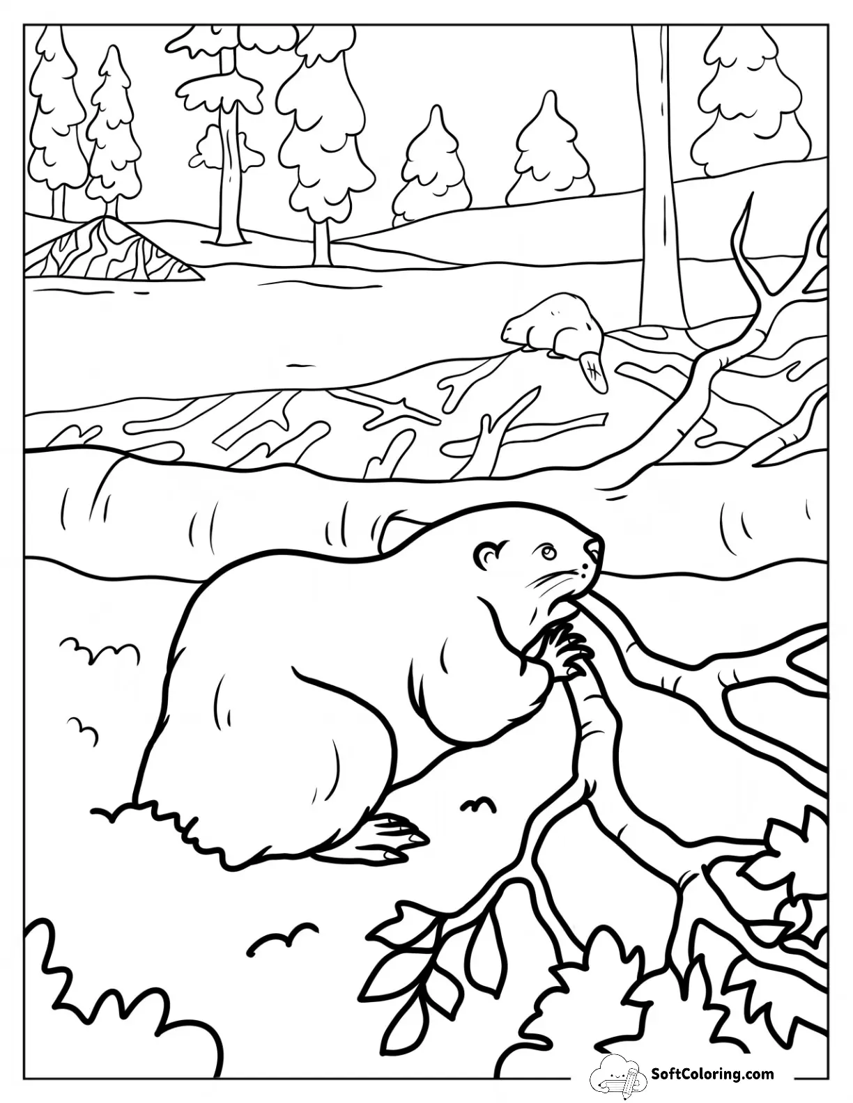 Large Beaver Coloring Page Chewing Off Branches From Tree
