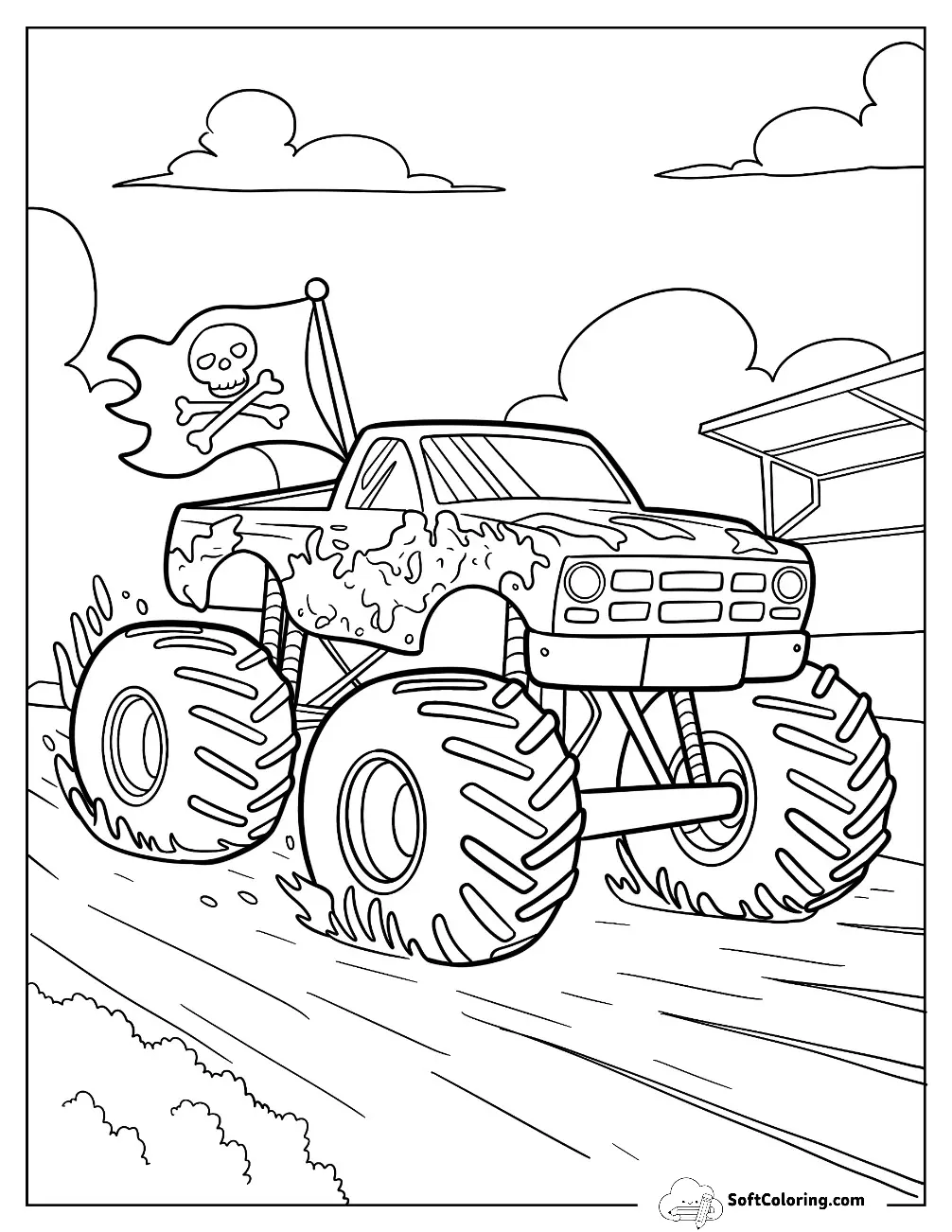 Large Monster Truck Coloring Page With A Pirate Flag