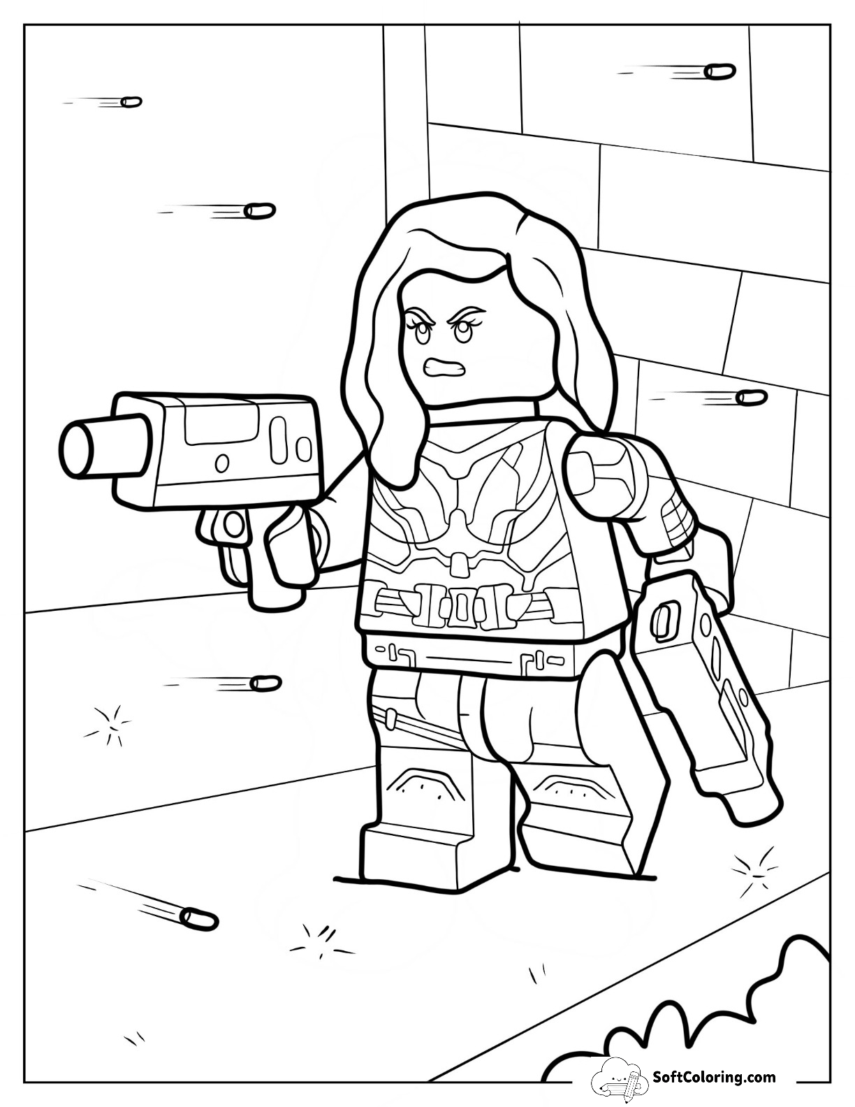 Lego Avengers Coloring Page Of Black Widow Shooting Guns