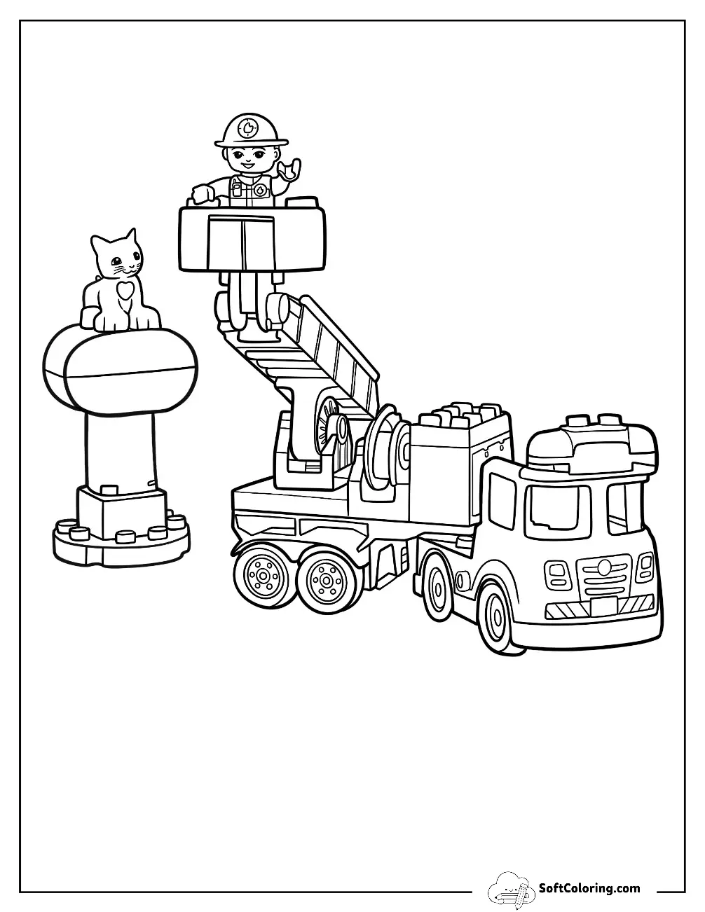 Lego Firefighter On A Fire Truck Rescuing A Cat Coloring Page