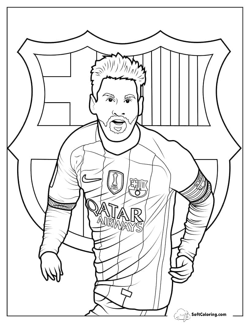 Lionel Messi In Front Of Fc Barcelona Logo