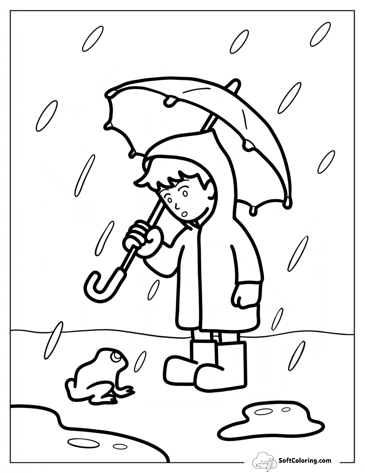 Little Boy Looking At Frog Under The Rain