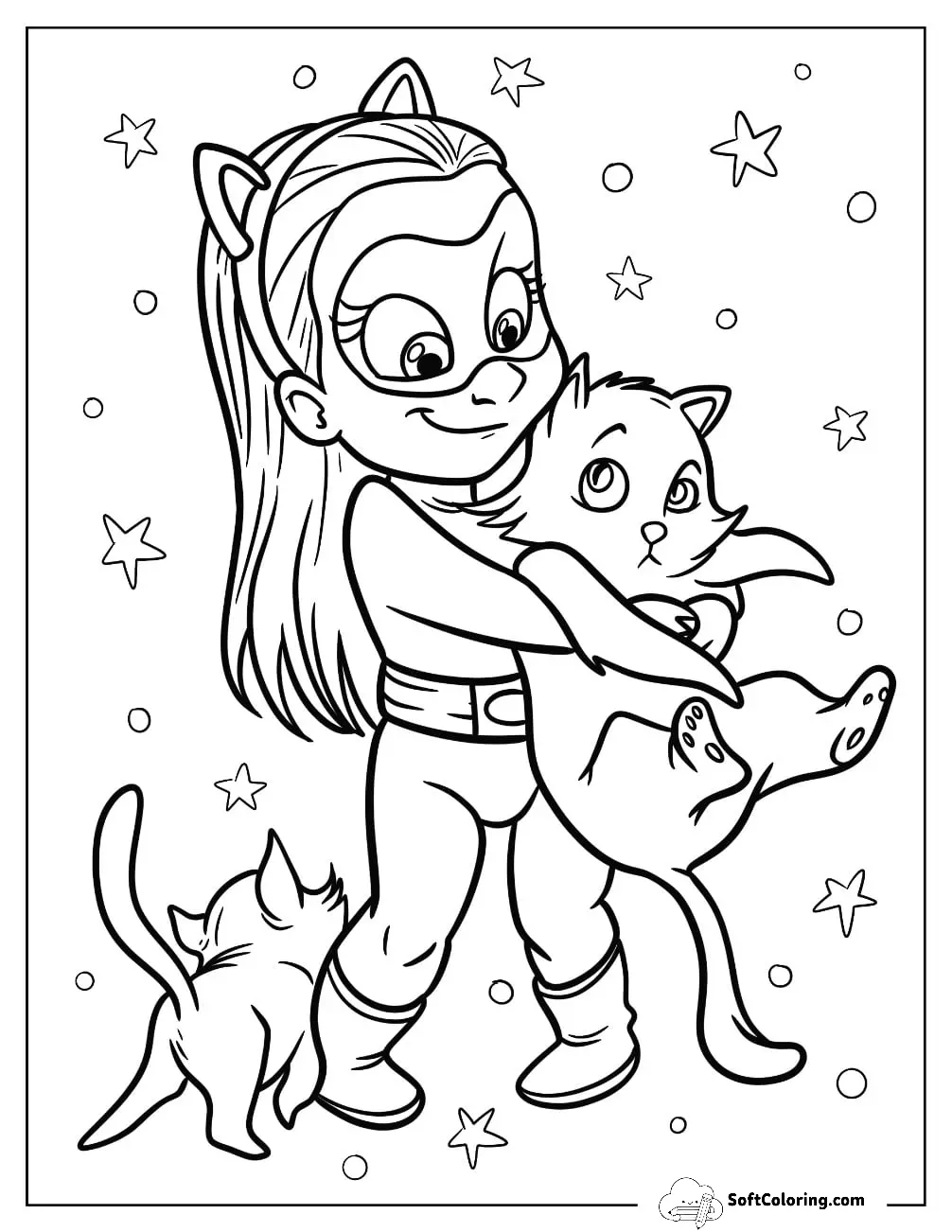 Little Catwoman Coloring Page Holding Kittens For Kids