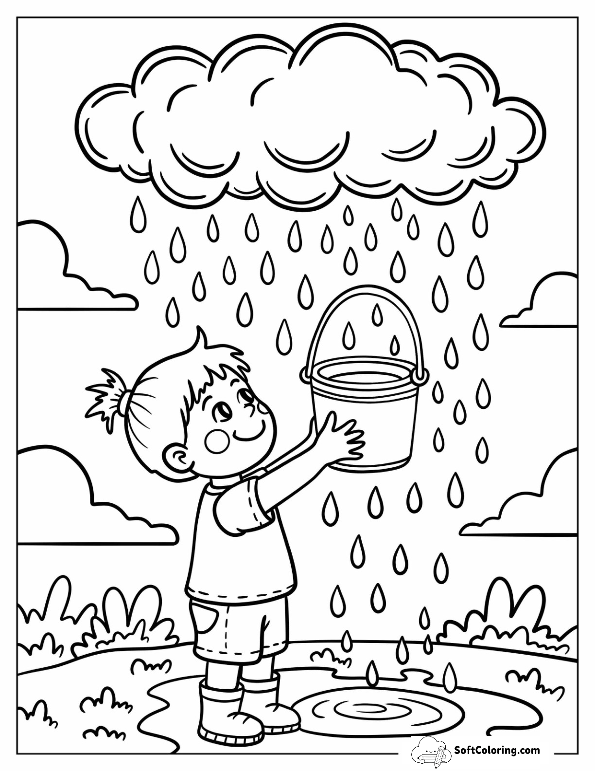 Little Girl Catching Rain In Bucket Beneath Dark Raincloud
