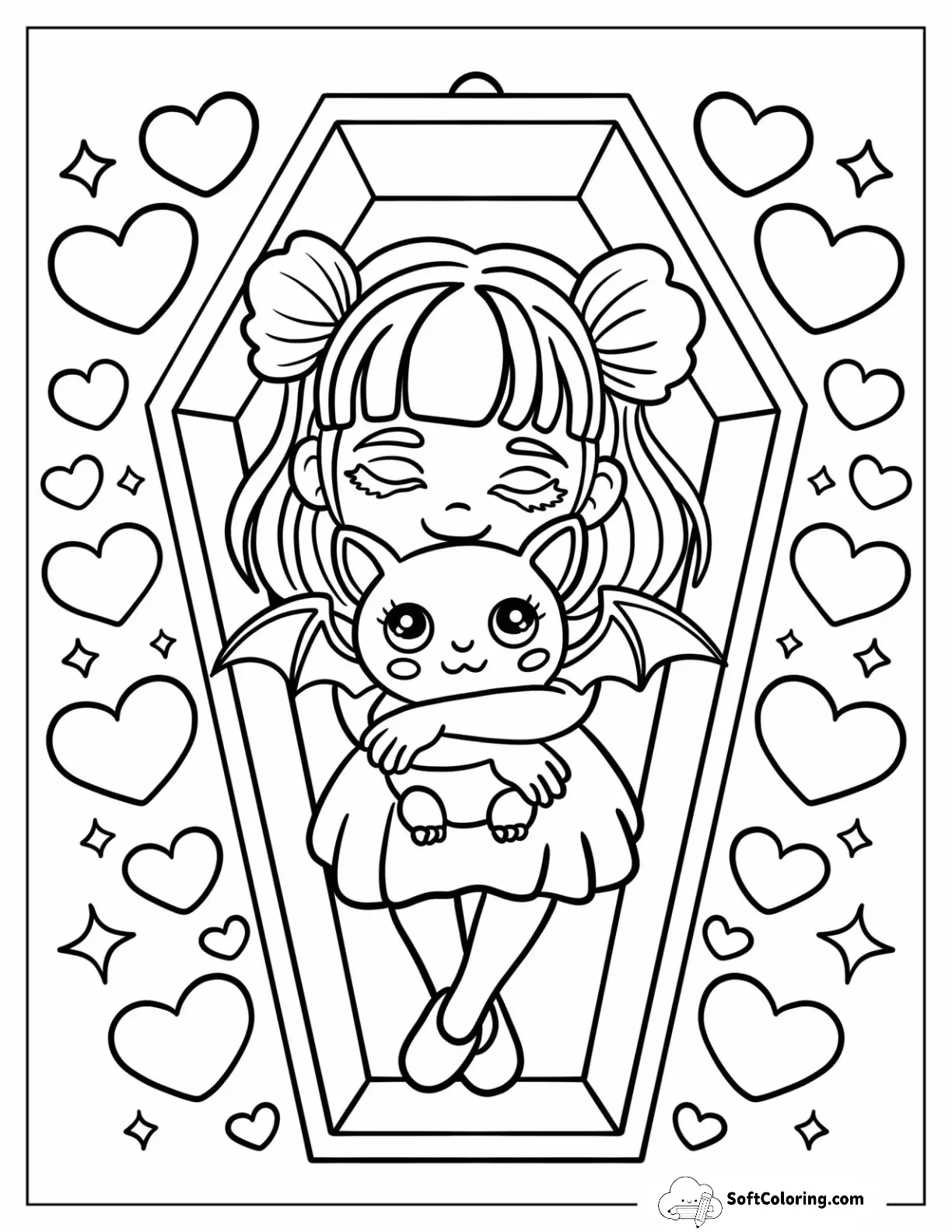 Little Girl In Coffin Hugging A Toy Bat With Love Hearts