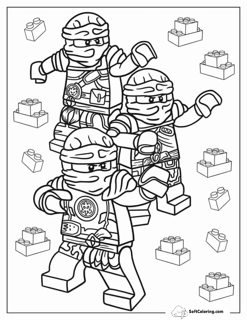 Lloyd, Jay, And Kai Fighting Evil Coloring Sheet