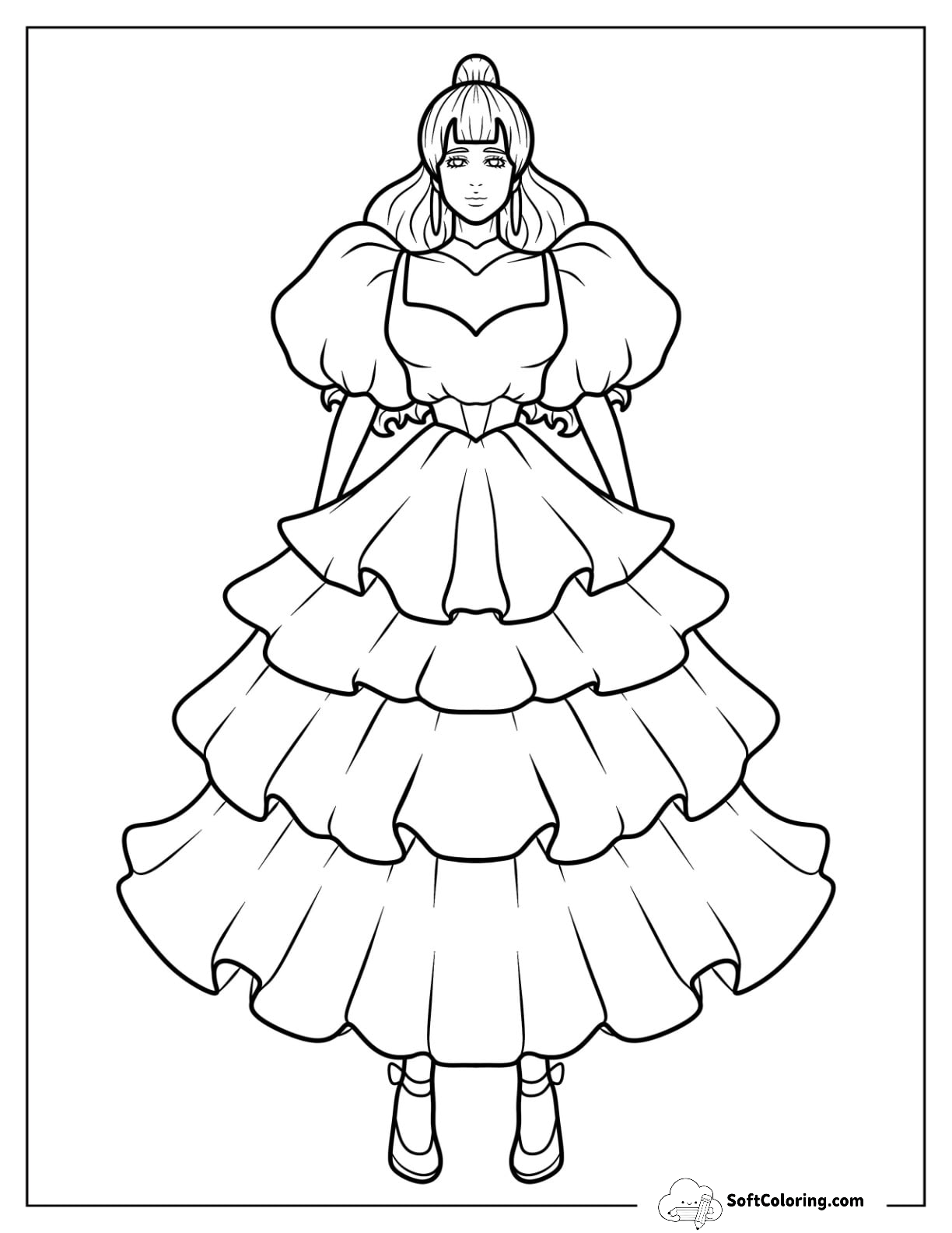 Long Dress Coloring Page With Puff Sleeves And Layered Skirt Coloring Page