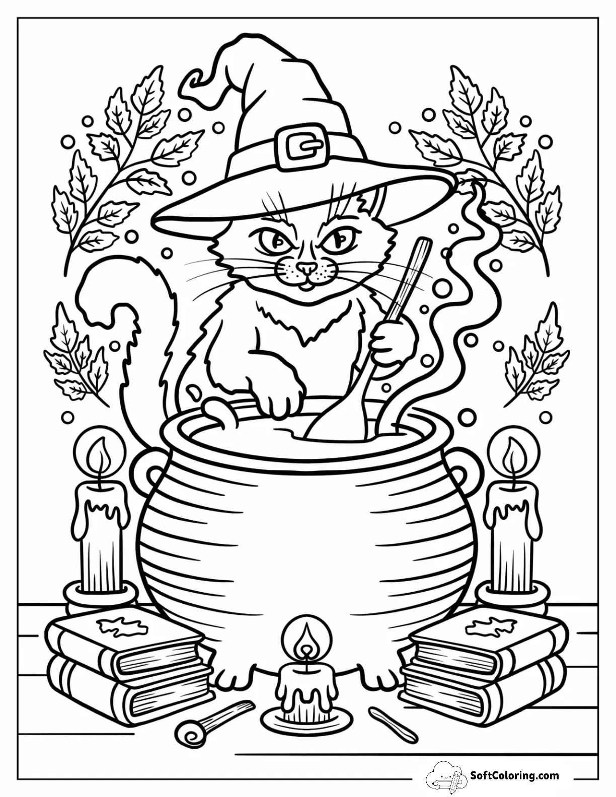 Halloween Of Magical Cat In Witch Hat Stirring A Bubbling Cauldron