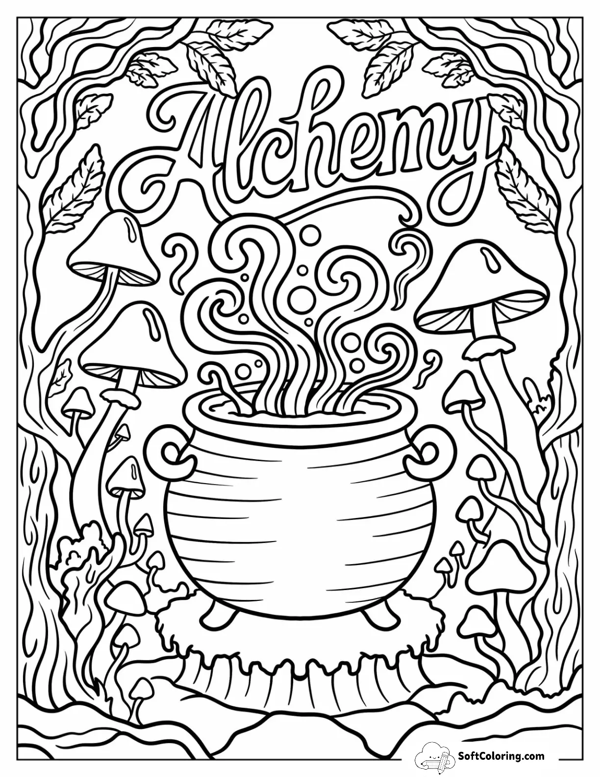 Halloween Of Magical Cauldron Surrounded By Mushrooms With Alchemy Text