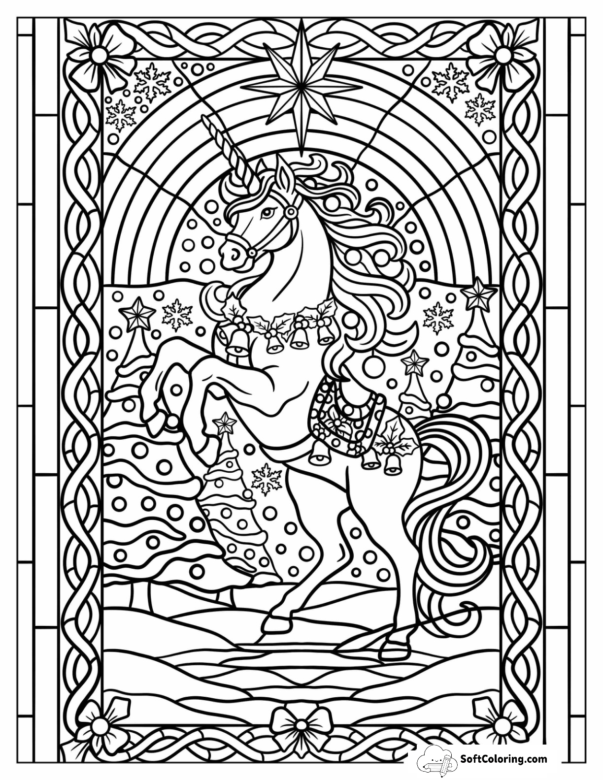 Majestic Christmas Unicorn Coloring Page Stained Glass