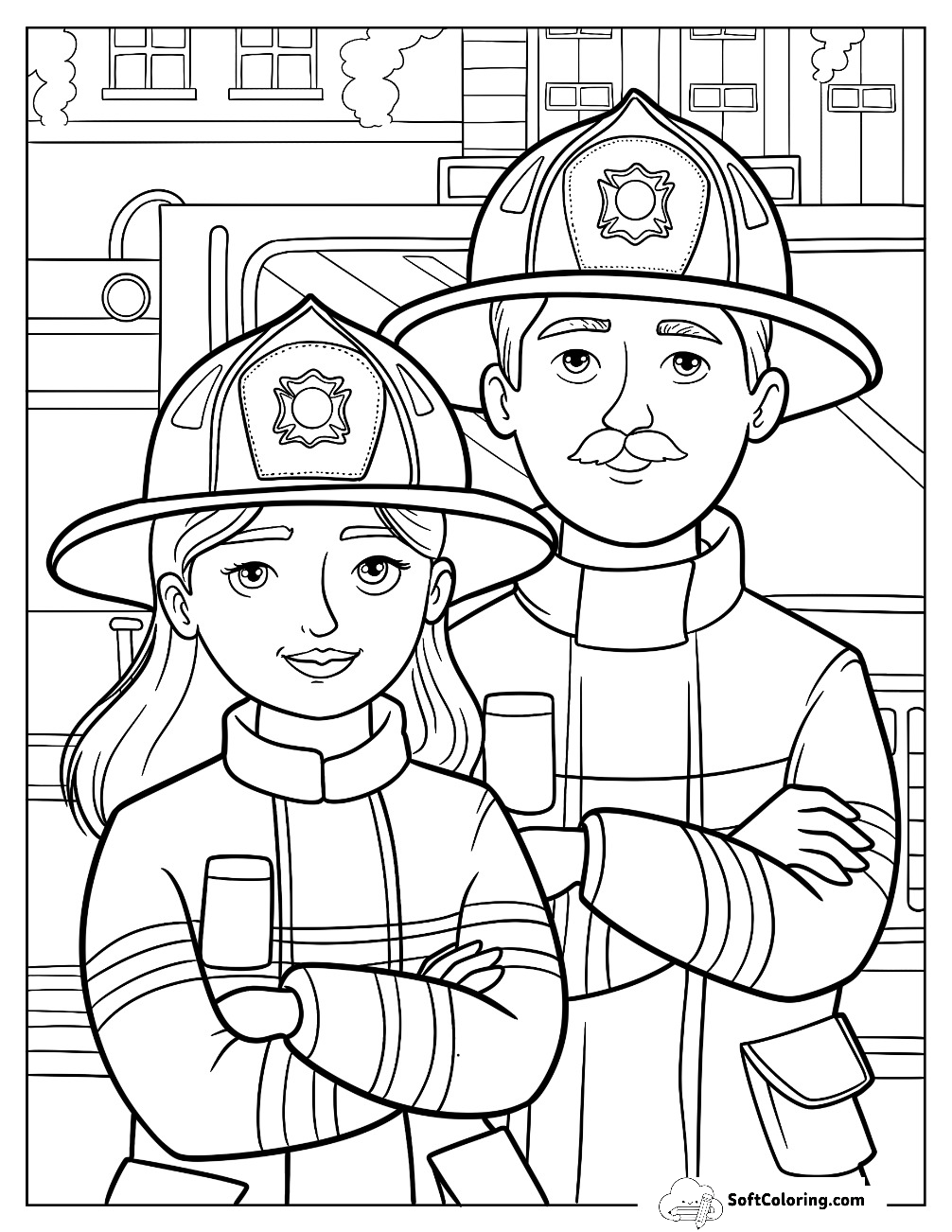 Man And Woman Firefighter With Fire Truck Coloring Sheet For Kids