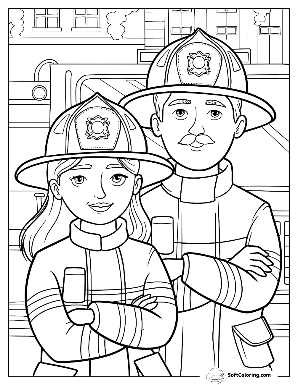 Man And Woman Firefighter With Fire Truck Coloring Sheet For Kids