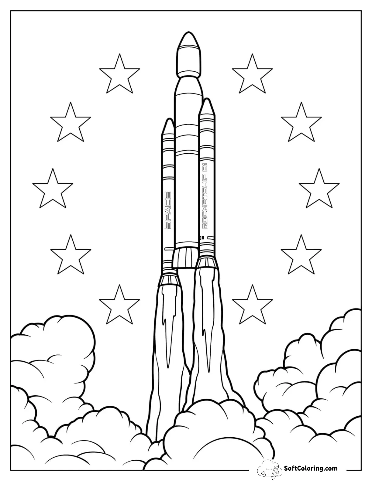 Massive Rocket Launching Into Space With Smoke And Stars